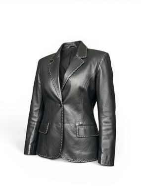 Petite Sophisticate Black Leather Blazer with Contrast Stitching - Size 8